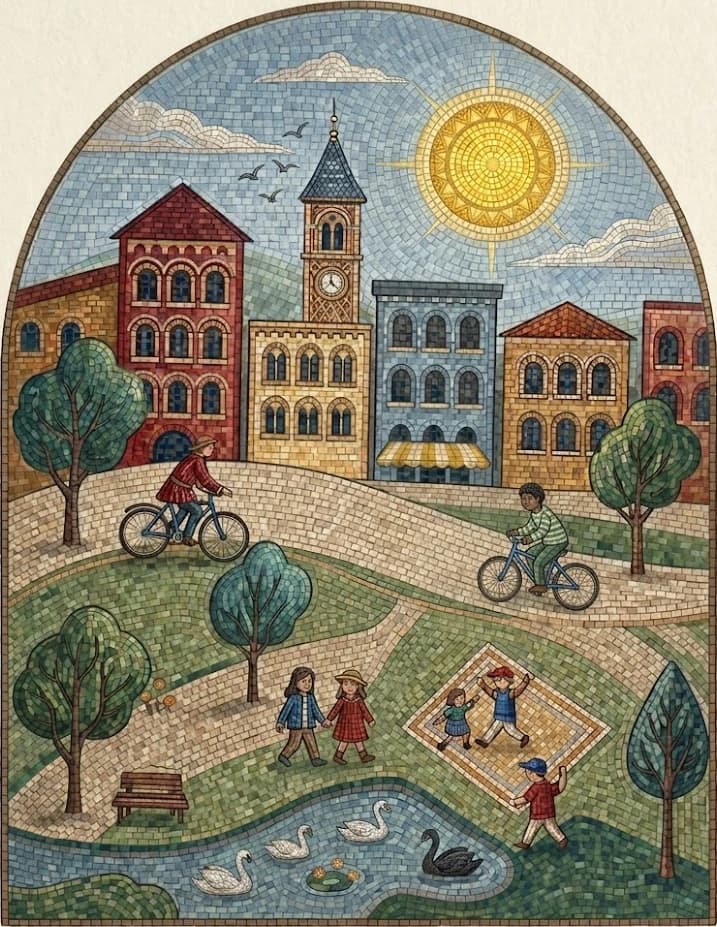 A traditional tile mosaic of a sunlit neighborhood: colorful buildings, a clock tower, cyclists, neighbors in a leafy park, and swans on a pond.